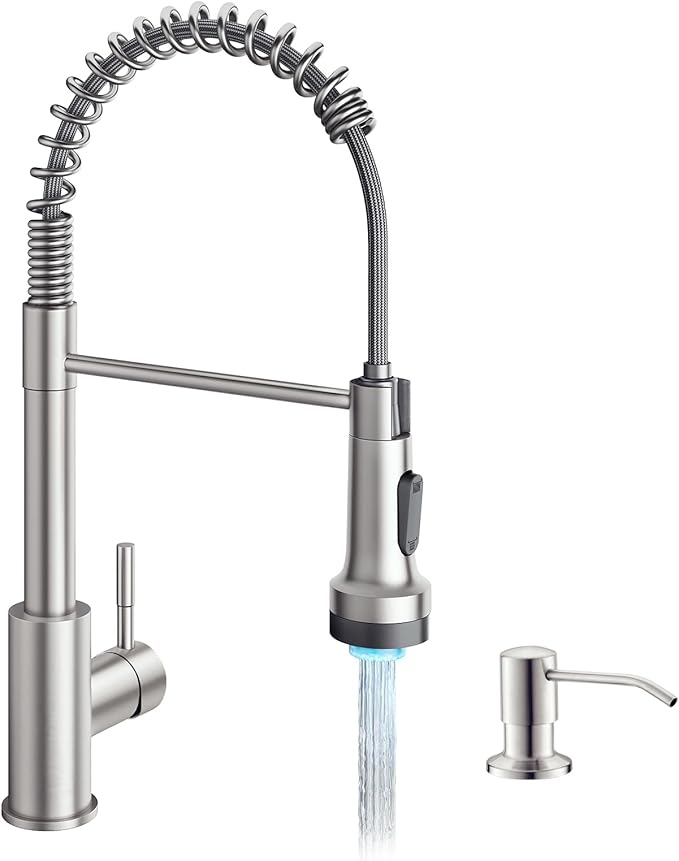 GIMILI LED Kitchen Faucet with Soap Dispenser, Modern Single Handle Spring Kitchen Sink Faucets with Pull Down Sprayer