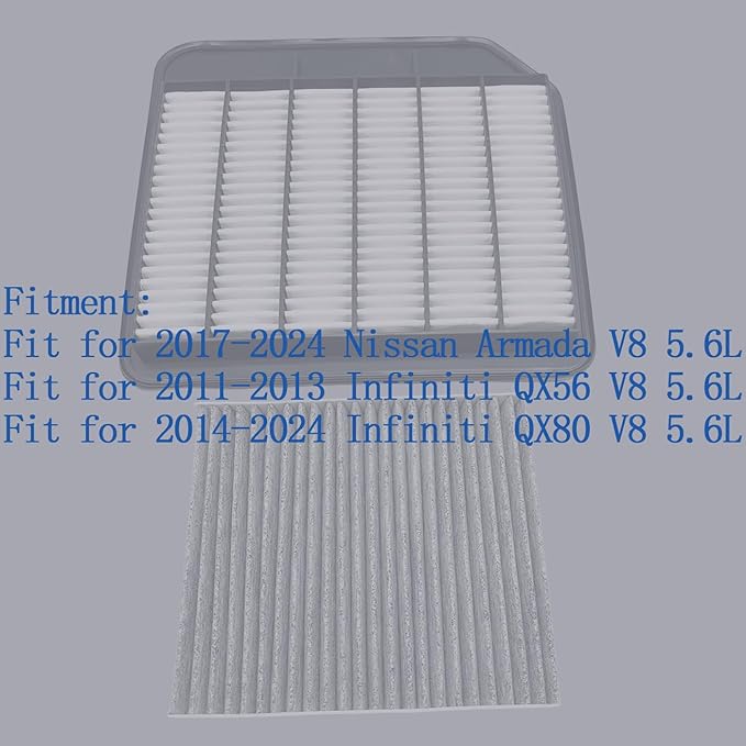 Engine & Cabin Air Filter Fit for 2017-2024 Nissan Armada, 2011-2013 Infiniti QX56, 2014-2024 QX80, V8 5.6L, Replace 16546-1LA0A 999A2-VX000 165461LA0A 999A2VX000