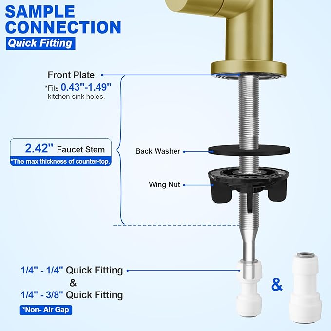 Drinking Water Faucet - Long Thread Stem Filtered Water Tap for Thick Countertop,Lead-Free RO Faucet with Hose and Quick Connect Fittings(Matte Gold)