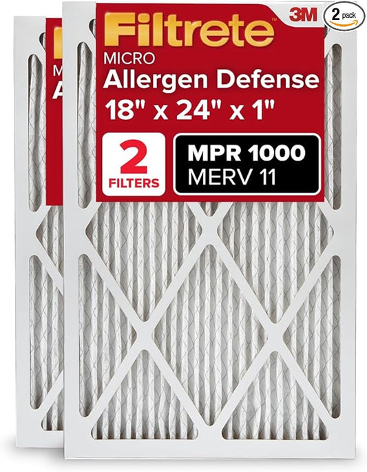 Filtrete 18x24x1 AC Furnace Air Filter, MERV 11, MPR 1000, Micro Allergen Defense, 3-Month Pleated 1-Inch Electrostatic Air Cleaning Filter, 2 Pack (Actual Size 17.81 x 23.81 x 0.81 in)