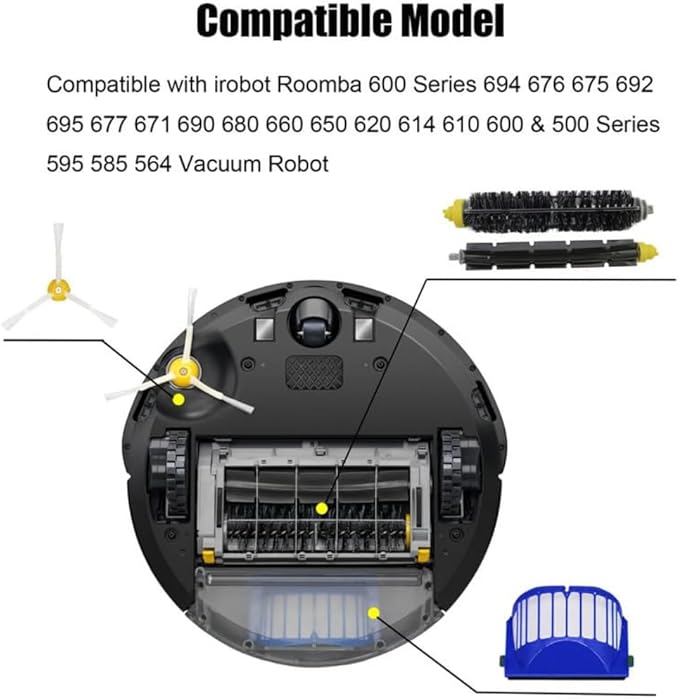 Replacement Parts Kit for irobot Roomba 600 Series 694 676 675 692 695 677 671 690 680 660 650 620 614 610 600 & 500 Series 595 585 564 Vacuum Robot, 1 Set Main Brush, 2 Filter, 4 Side Brushes