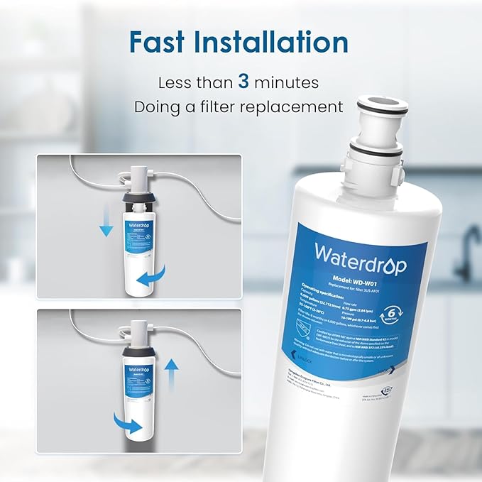 Waterdrop 3US-AF01 Under Sink Water Filter, Replacement for Standard Filtrete® 3US-AF01, 3US-AS01, Aqua-Pure AP Easy C-CS-FF, WHCF-SRC, WHCF-SUFC, WHCF-SUF, NSF/ANSI 42 Certified, Pack of 3