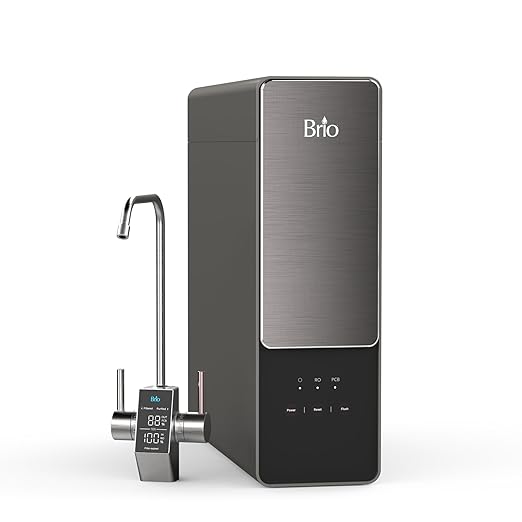 Brio AQUUS TROE800COL Reverse Osmosis Water Filtration System, 4-Stage Tankless RO Water Filter System for Under Sink, 800 GPD, 2:1 Pure to Drain, Reduces TDS, Smart Faucet, USA Support, Black/Silver