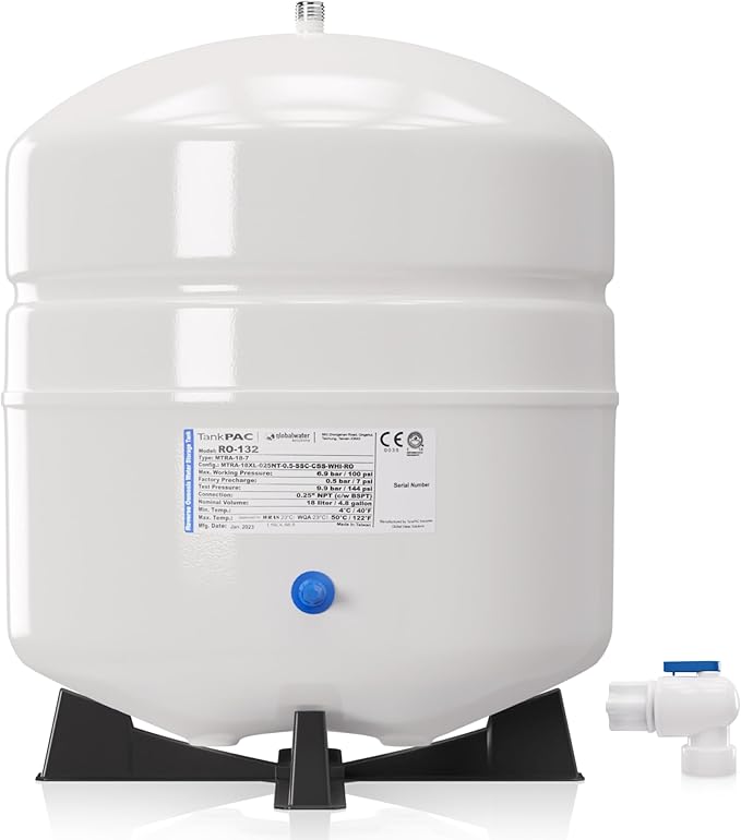 Max Water NSF Certified Heavy Duty 4.4 Gallon @100 PSI RO (Reverse Osmosis) Water Storage Tank, PA-E RO-132 + Valve