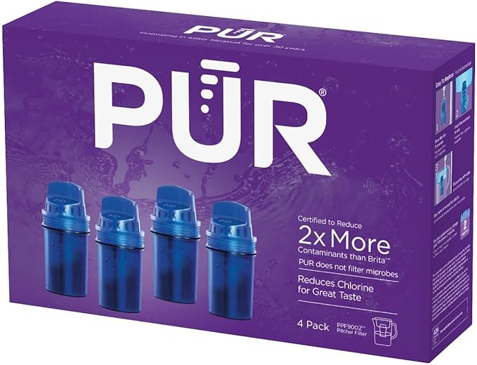 PUR Water Pitcher & Dispenser Replacement Filter 4-Pack, Genuine PUR Water Filter, 2-in-1 Powerful and Faster Filtration, 8-Month Value, Blue (PPF900Z4)