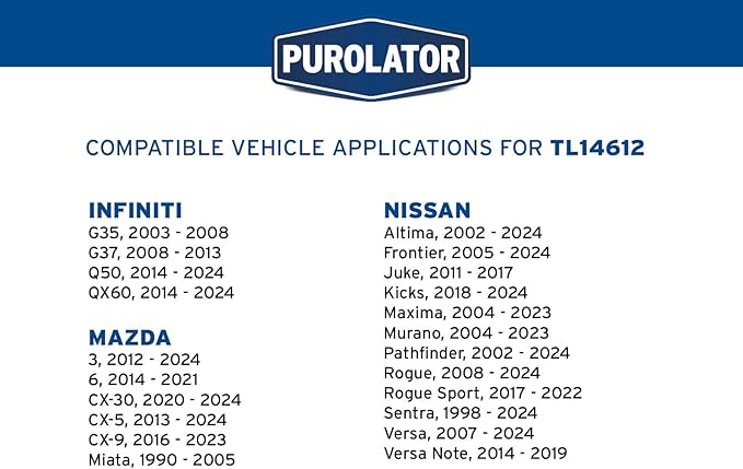 Purolator TL14612 PurolatorTECH Spin On Oil Filter Compatible With Nissan Altima, Rogue, Sentra, Murano, Versa, Maxima, Mazda 3, CX-5, CX-9, CX-30, 6, INFINITI QX60 and Q50