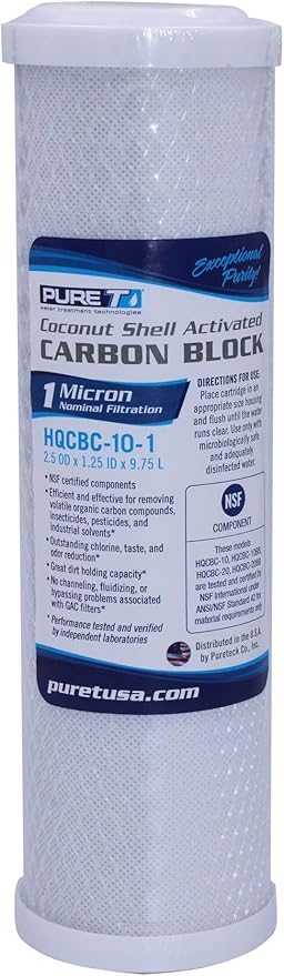 PureT HQCBC-10-1, 10x2.5" Coconut Carbon Block Filter - NSF Certified - Cononut Shell Activated Carbon removes Chlorine, Dirt and More (1 u Micron Rated)
