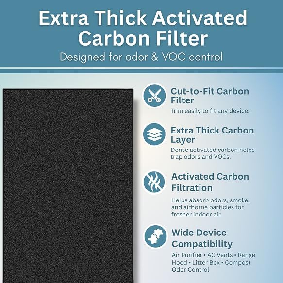 Activated Carbon Filter Sheet – 16"W x 50"L Extra Thick Cut to Fit Air Filters | Charcoal Filter Sheets for Air Purifier, AC Vent, Range Hood, Litter Box & Odor VOC Control