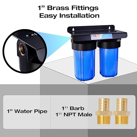 H&G Lifestyles 2-Stage Whole House Water Filtration System, GAC KDF 58 Filter and PP Cotton Filter, Chlorine Odor Heavy Metal Lead Sediment Removal, Drinking Water Purification System 50,000 Gallons