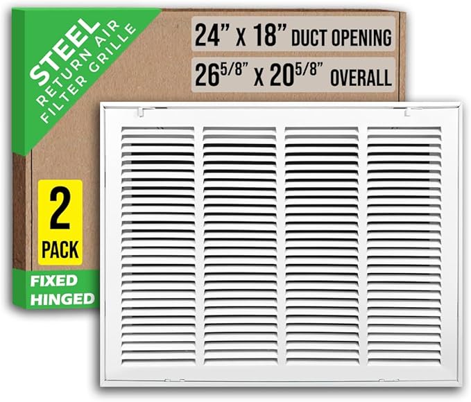 [2 Pack] Fits 24x18 Duct Opening | Steel Return Air Filter Grille by Handua [Fixed Hinged] Vent Cover Grill for Sidewall and Ceiling | White | Outer Dimensions: 26 5/8"W X 20 5/8"H