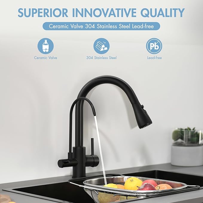 GIMILI 3 in 1 Black Kitchen Faucet with Under Sink Water Filter System, Reduces Lead, Chlorine, Bad Taste & Odor, Kitchen Sink Faucet with Drinking Water Faucet