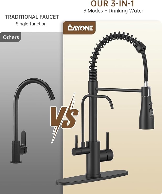 DAYONE Kitchen Faucet with Water Filter and Sprayer, 3 in 1 Pull Down Faucet with Purfied Water Faucet, 20 Inches High Arc Kitchen Water Filter Faucet, Matte Black (Without Filtration Device)
