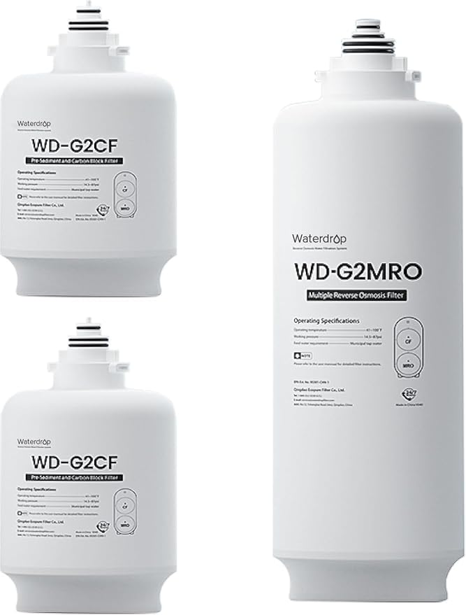 Waterdrop G2-2CFRO Filter, Replacement for G2 Reverse Osmosis System, 2-year Lifetime, Pack of 2 G2CF Filters and 1 G2MRO Filter, Reduce PFAS