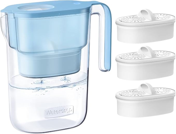 Waterdrop Water Filter Pitcher with 3 Filters, 5X Times Lifetime, Lasts 600 Gallon Long-Life, for Fridge, Countertop and Gift, Reduces PFOA/PFOS, Chlorine, 7-Cup Capacity, Elfin, Blue