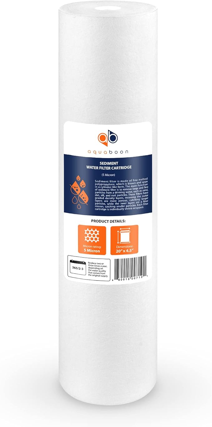Aquaboon 5 Micron 20 x 4.5 Whole House Sediment Filter Cartridge 20 inch Water Filter Replacement Compatible with DGD-5005-20, FP25B, AP810-2, 6-Pack