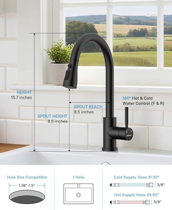 WEWE Kitchen Faucet with Pull Down Sprayer and Soap Dispenser, Matte Black High Arc Single Handle Stainless Steel Sink Faucet, Suitable for Farmhouse, RV & Laundry