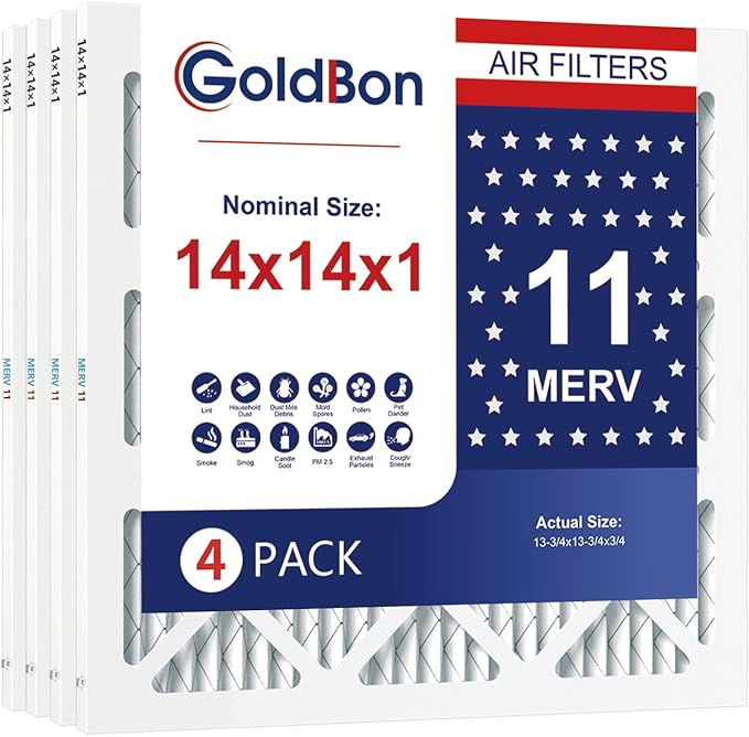 14x14x1 Air Filter 4 Pack MERV 11 MPR 1000 FPR 7- GoldBon AC Filter USA Design- Electrostatic Pleated Air Conditioner HVAC AC Furnace Filters for Pollen, Smoke,Pet Dander
