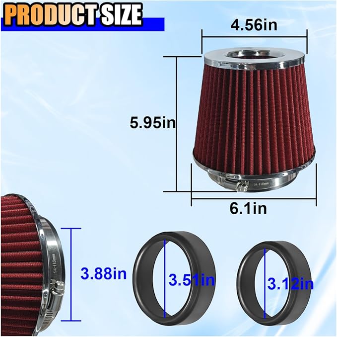 Universal Clamp-On Air Intake Filter, High Flow Closed-Top Cool Air Filter Cleaner, 76 89 102MM Performance Round Tapered Cone Air Filters, Washable Replacement Filter for Car Truck (Red)
