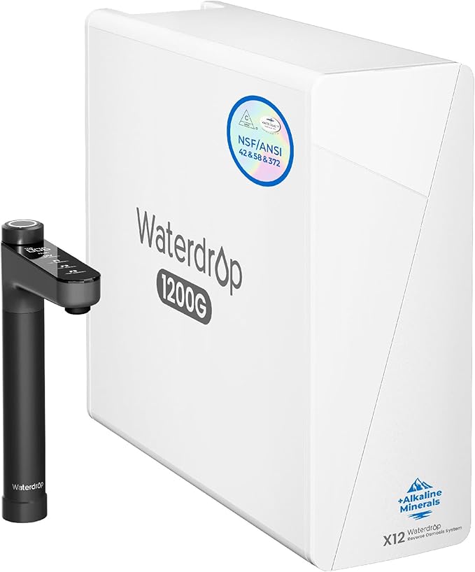 Waterdrop X12-WAB Alkaline Mineral Tankless Reverse Osmosis Water Filter, NSF/ANSI 42&58&372 Certified, 1200 GPD, 11-Stage RO Water Filter System, 3:1 Pure to Drain, Smart Black Faucet, BPA Free