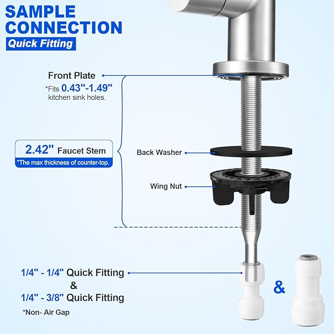 Drinking Water Faucet - Long Thread Stem Filtered Water Tap for Thick Countertop,Lead-Free RO Faucet with Hose and Push Connect Fittings(Brushed Stainless-Flat Top)