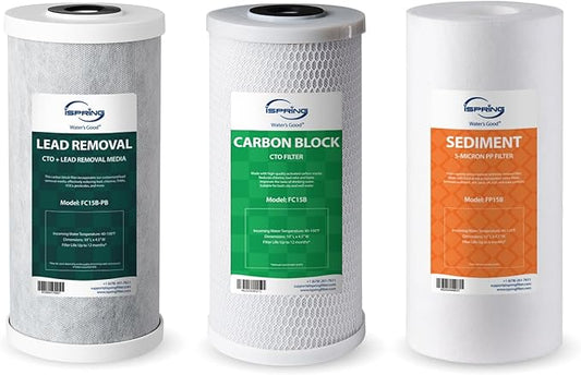 iSpring F3WGB31BCPB Whole House Water Filter Replacement Pack, SGS-Tested to Reduce up to 99% Lead, Also Targets Chlorine and Sediments, 10” x 4.5”, Fits WGB31B-CPB