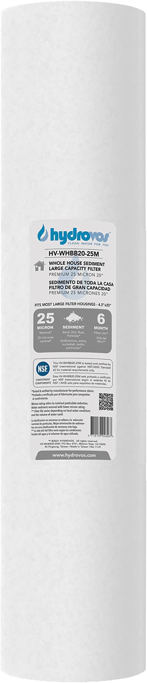 HYDROVOS 25 Micron 20" x 4.5" Sediment Water Filter, NSF Certified Replacement Cartridge for Whole House Water Filter System, Compatible with ECP5-BB, AP810-2, HDC3001, CP5-BB, SPC-45-1005, ECP1-20BB