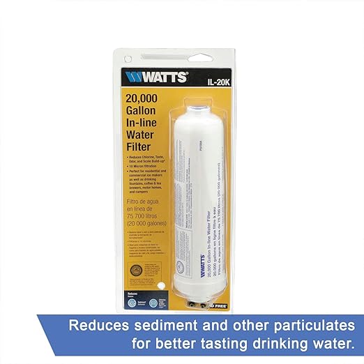 Watts Premier 20,000 Gallon Inline Water Filter with Two 1/4" Brass Connectors for Refrigerator, Ice Maker, RV, Camper, Water Cooler, Fountain, Reduces Bad Taste, Odors, Chlorine and Sediment