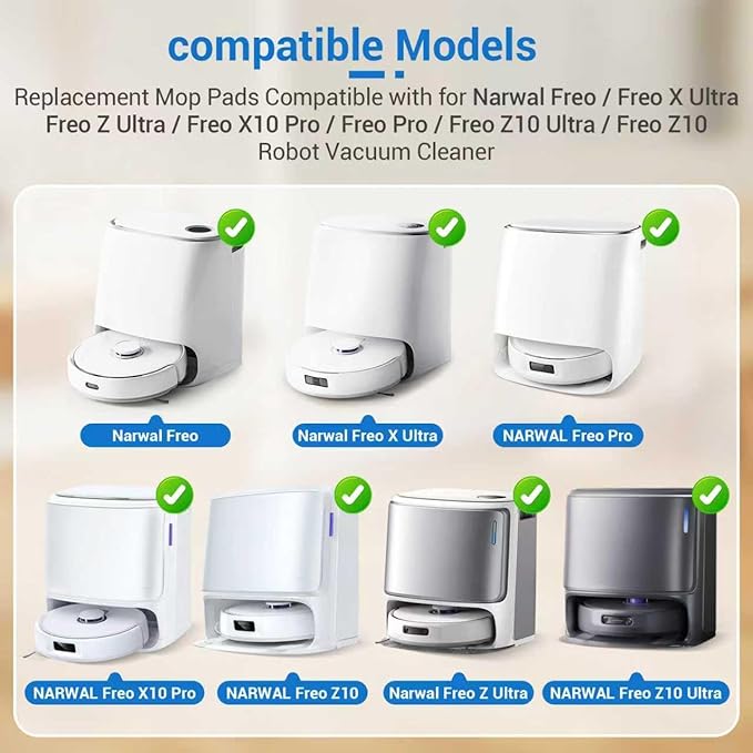 6 Pcs Freo Mop Pads Compatible with for Narwal Freo, Freo Pro, Freo X Ultra, Z Ultra, Freo Z 10, Freo X10 Pro Robot Vacuum Cleaner, Washable and Reusable Mop Pads White