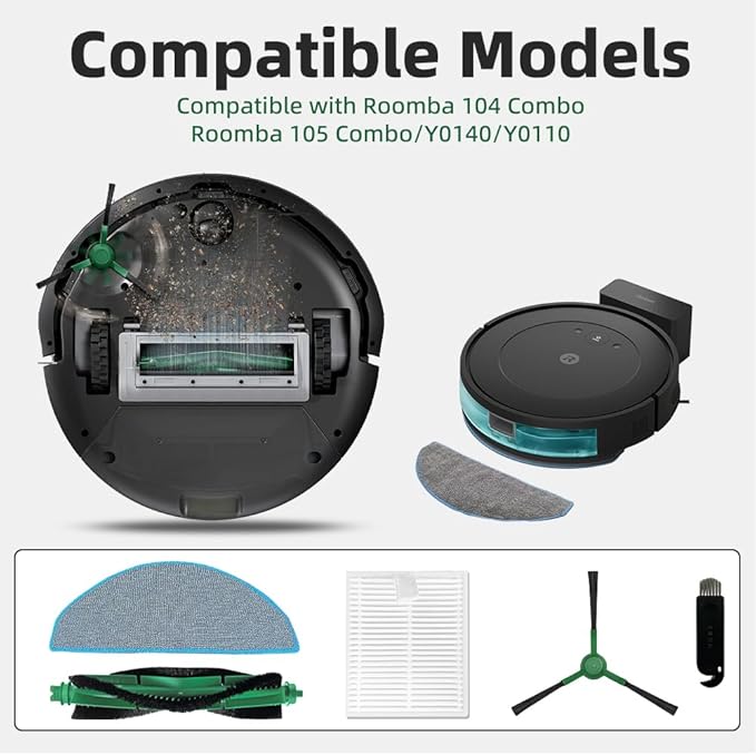21 Pcs Replacement Parts Accessories Compatible with iRobot Roomba 104 Combo, Roomba 105 Combo,Y0140, Y0110 Robot Vacuum, 2 Roller Brush, 6 Hepa Filters, 6 Side Brushes,6 Mop Pads,1 Cleaning Brush