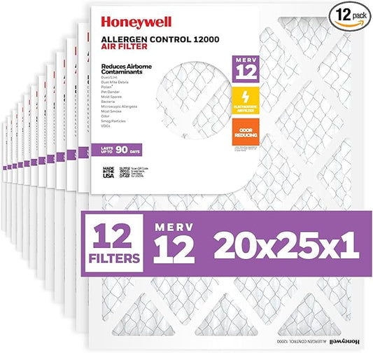 Honeywell 20x25x1 MERV 12 Electrostatic Pleated HVAC AC Furnace Air Filter (12-Pack) | Replacement Filter for Home Use | Made in USA