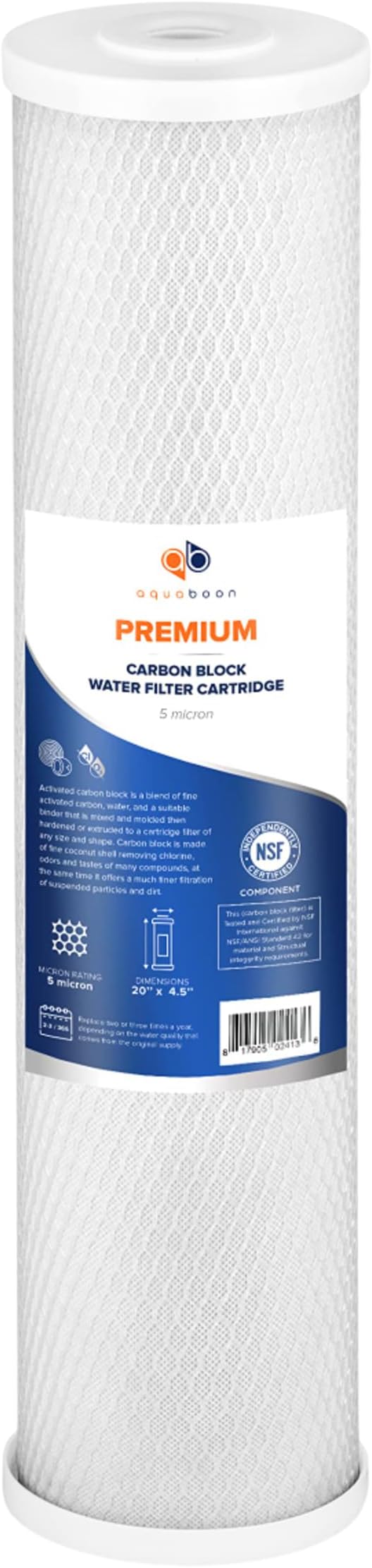 Aquaboon 5 Micron 20 x 4.5 Whole House Water Filter Replacement Cartridge Carbon Block Chlorine Reduction for 1-Stage Water Filtration System 1 Pack