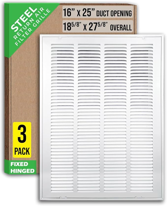 [3 Pack] Fits 16x25 Duct Opening | Steel Return Air Filter Grille by Handua [Fixed Hinged] Vent Cover Grill for Sidewall and Ceiling | White | Outer Dimensions: 18 5/8"W X 27 5/8"H