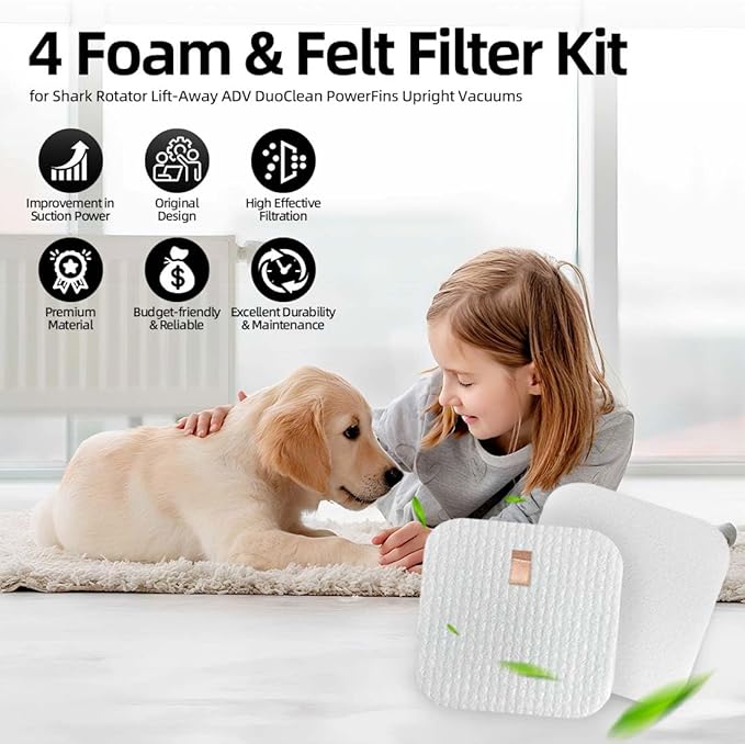 LA401 LA300 LA502 Vacuum Filter Replacement for Shark LA500, LA301, LA455, LA555, LA322 Rotator Lift Away ADV DuoClean PowerFins Upright Vacuum - Foam & Felt Filter Set for Pet Hair, Dirt, Dust