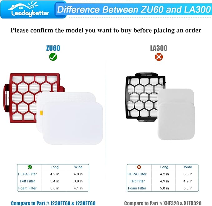 Leadaybetter Filter Replacement for Shark Zero-M Self-Cleaning Brushroll Pet Pro ZU55 ZU102 ZU60 ZU62 ZU62C, Rotator NV255 Vacuum, Navigator Pet Plus NV150 NV151 NV251, Part # 1238FT60 & 1239FT60