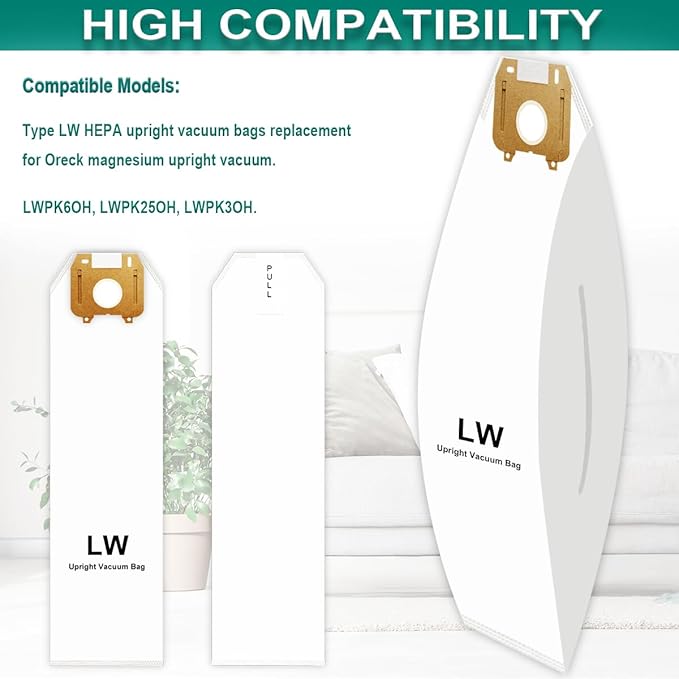 Type LW HEPA Vacuum Bags for Oreck Magnesium Upright, Part # LWPK6OH, LWPK25OH, LWPK3OH, LW100, LW100LR, LW1500, LW1500RS, 83055-01, 6 Pack Odor Fighting Vacuum Cleaner Bags, White