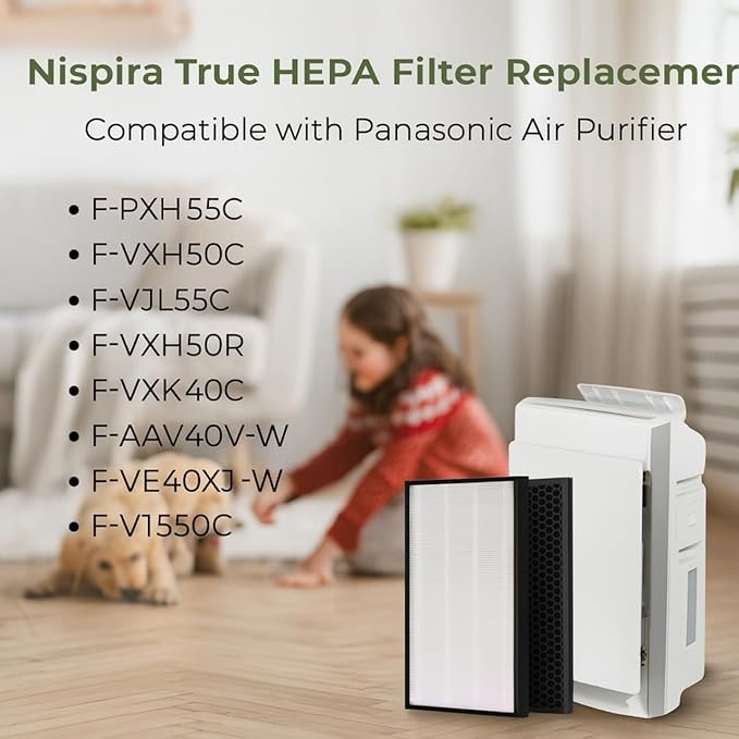 Nispira Replacement HEPA Carbon Filter Set Compatible with Panasonic Air Purifier Models F-ZXHP55Z, F-ZXHD55Z, F-PXH55A, F-VXH50A, F-PXM55A, F-PXH55C, True HEPA + Activated Carbon, 1 Set
