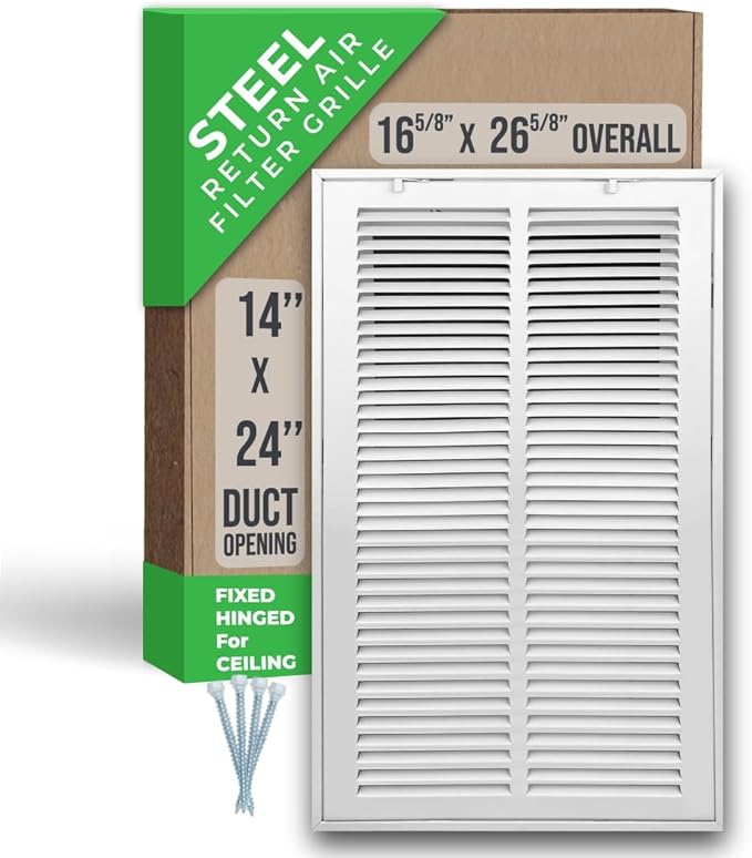 Fits 14x24 Duct Opening | Steel Return Air Filter Grille by Handua [Fixed Hinged] for 1-inch Filters | Vent Cover Grill for Sidewall and Ceiling | White | Outer Dimensions: 16 5/8"W X 26 5/8"H