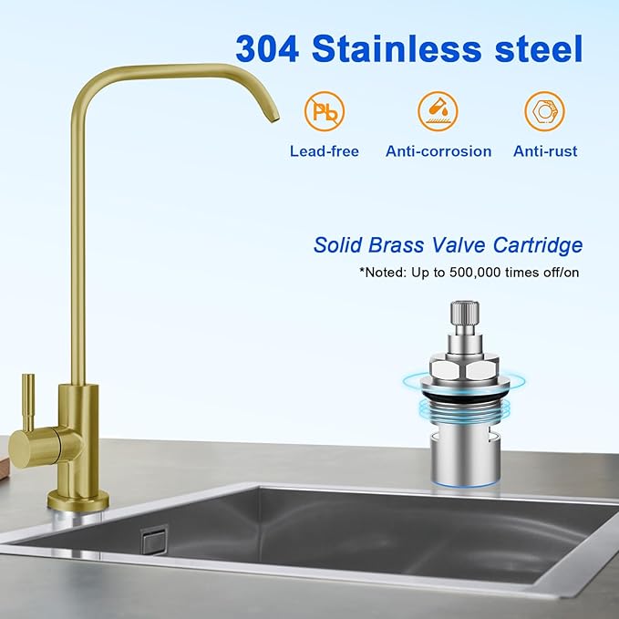 Drinking Water Faucet - Long Thread Stem Filtered Water Tap for Thick Countertop,Lead-Free RO Faucet with Hose and Push Connect Fittings(Matte Gold - "7" Shape)