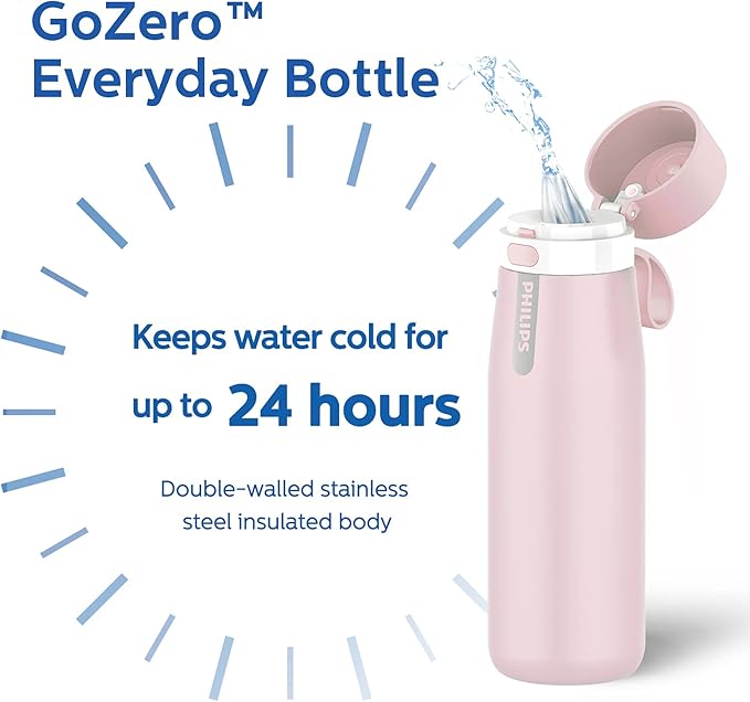 PHILIPS Water Bottle with Filter, Filter Water Bottle Stainless Steel with GoZero Everyday BPA-Free Tap Water Filter, Water Filter Bottle Keep Drink Cold 24 Hours, 3 Filters for 120 gal / 6 Months