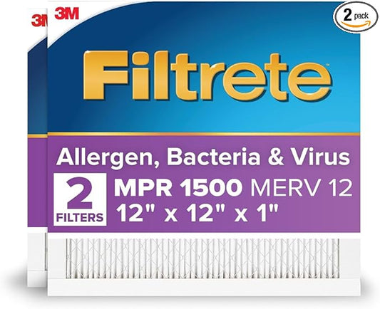 Filtrete 12x12x1 AC Furnace Air Filter, MERV 12, MPR 1500, CERTIFIED asthma & allergy friendly, 3 Month Pleated 1-Inch Electrostatic Air Cleaning Filter, 2-Pack (Actual Size 11.81x11.81x0.78 in)