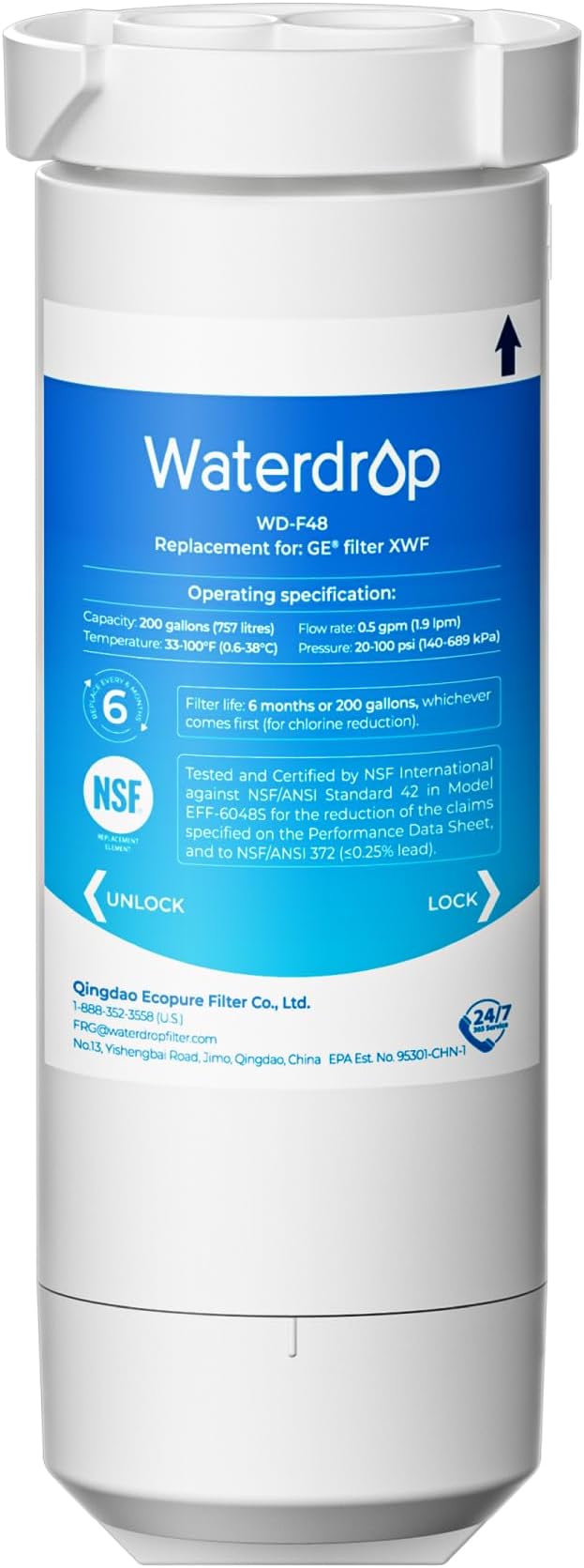 Waterdrop XWF Refrigerator Water Filter, Replacement for GE® XWF, WR17X30702, NSF 42/372 Certified, Compatible with GE® GNE27, GFE26, GDE25, GSS25, PSE25 Series Refrigerators, 1-Pack (Not XWFE)
