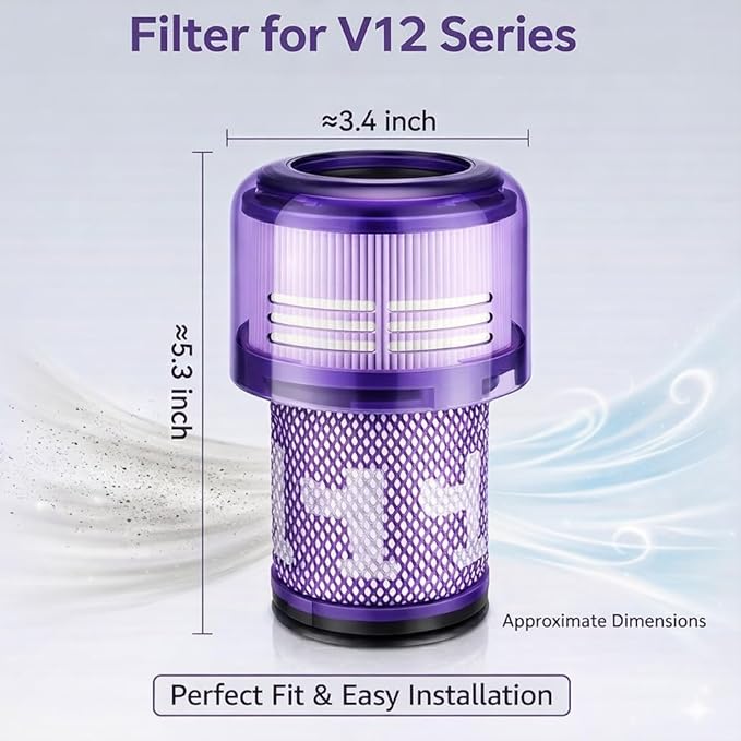 3-Pack V12 Filter SV30 / SV46 Replacement Compatible for Dyson V12 Detect Slim, V12 Detect Slim Animal, Slim+, Slim Absolute, SV20, SV34, SV35, Part No, 971517-01 Cordless Vacuum, 1 Cleaning Brush
