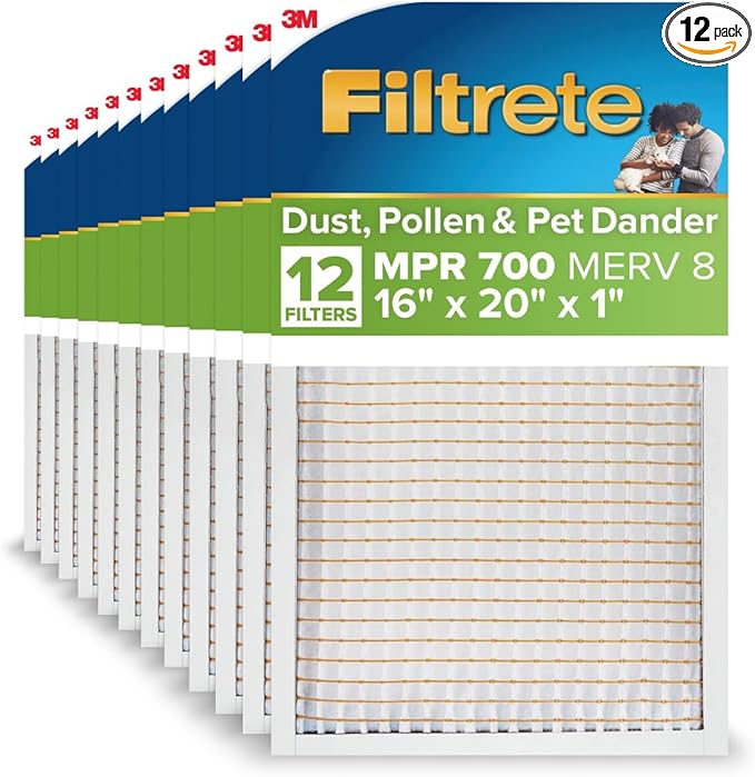 Filtrete 16x20x1 AC Furnace Air Filter, MPR 700, MERV 8, Tough on Pollen, Easy on Airflow, 3-Month Pleated 1-Inch Electrostatic Air Cleaning Filter, 12-Pack (Actual Size 15.68 x 19.68 x 0.78 in)