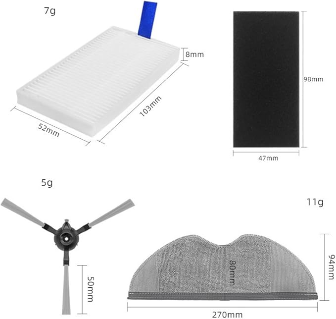 Accessories Kit for Xiaomi Robot Vacuum E5 C108 Mi Mijia Vacuum Cleaner, 4 Filters, 4 Side Brushes, 2 Mop Cloths, Replacement Parts Spare Repair Replace Attachments