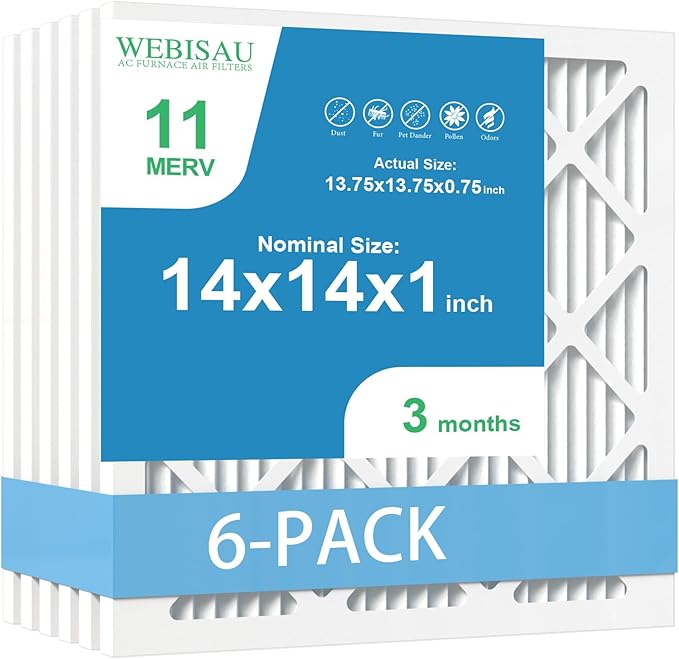 14x14x1 Air Filter MERV 11 MPR 1000 Furnace Filters 6Pack Pleated HVAC AC Furnace Air Conditioner Filters (Exact size: 13 3/4"x13 3/4"x3/4").