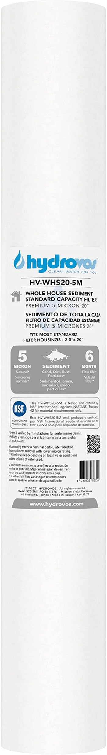 HYDROVOS 5 Micron 20" x 2.5" Whole House Water Filter, Universal Fit, 20-Inch Spun Wound Replacement Cartridge with 6 month Filter Life, NSF Certified Sediment Filter for Home Water Filtration System