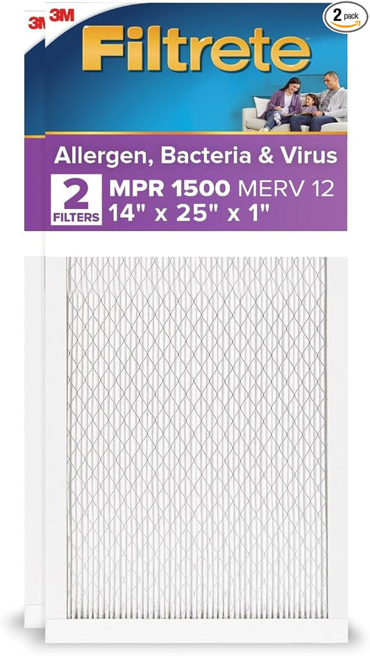 Filtrete 14x25x1 AC Furnace Air Filter, MERV 12, MPR 1500, CERTIFIED asthma & allergy friendly, 3 Month Pleated 1-Inch Electrostatic Air Cleaning Filter, 2-Pack (Actual Size 13.81x24.81x0.78 in)