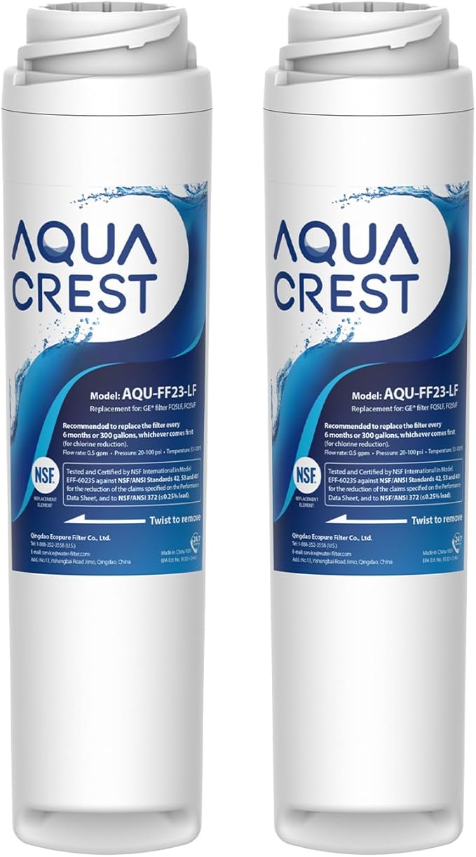 AQUA CREST FQSLF, FQSVF NSF/ANSI 401 Certified, Replacement for GE FQSLF, FQSVF, FQSVN, FQROPF, GXSV65R, Reduces PFAS, PFOA/PFOS (2 Pack)