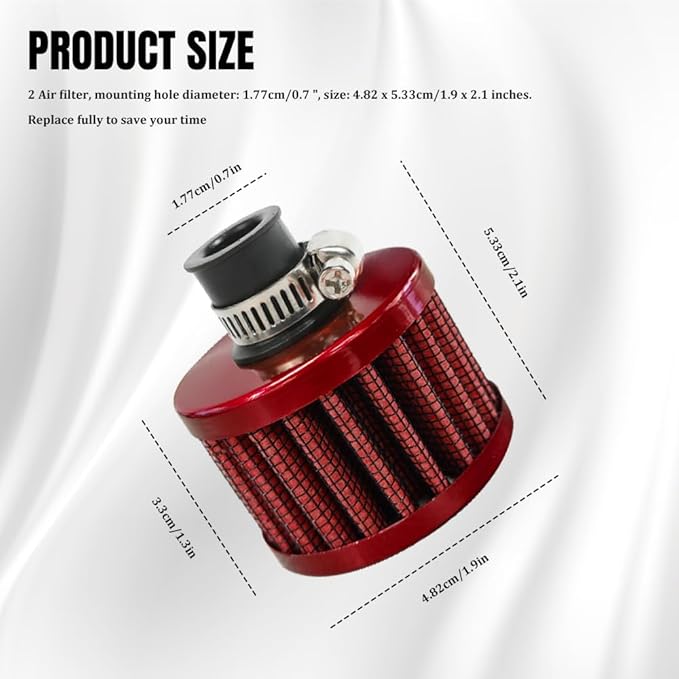 2PCS Breather Filter, Air Intake Filter, 12mm Auto Air Filter Vent Crankcase Breather with Adjustable Clamp, Universal Car Accessory Valve Cover Breather Fit for Car and Motorcycle (Red)