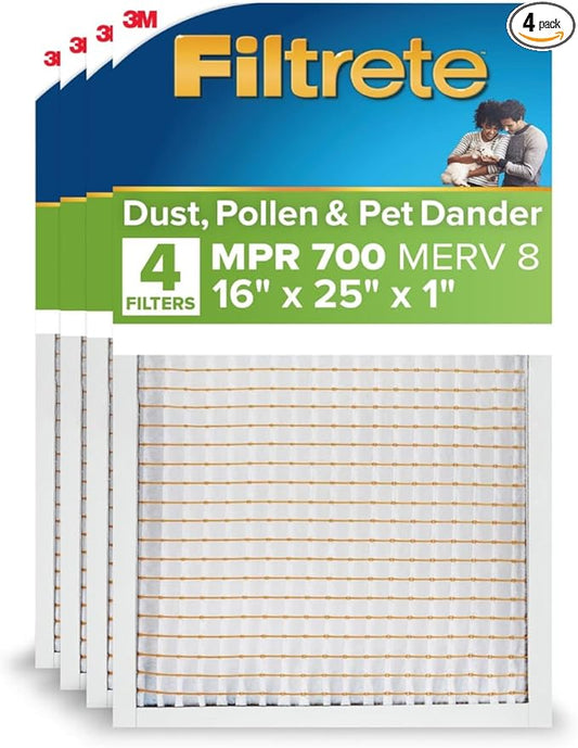 Filtrete 16x25x1 Air Filter MERV 8, MPR 700 Tough on Pollen 4-Pack, AC Furnace HVAC Filters for Home, 3-Month Pleated Electrostatic (Actual Size 15.68 x 24.56 x 0.78 in)